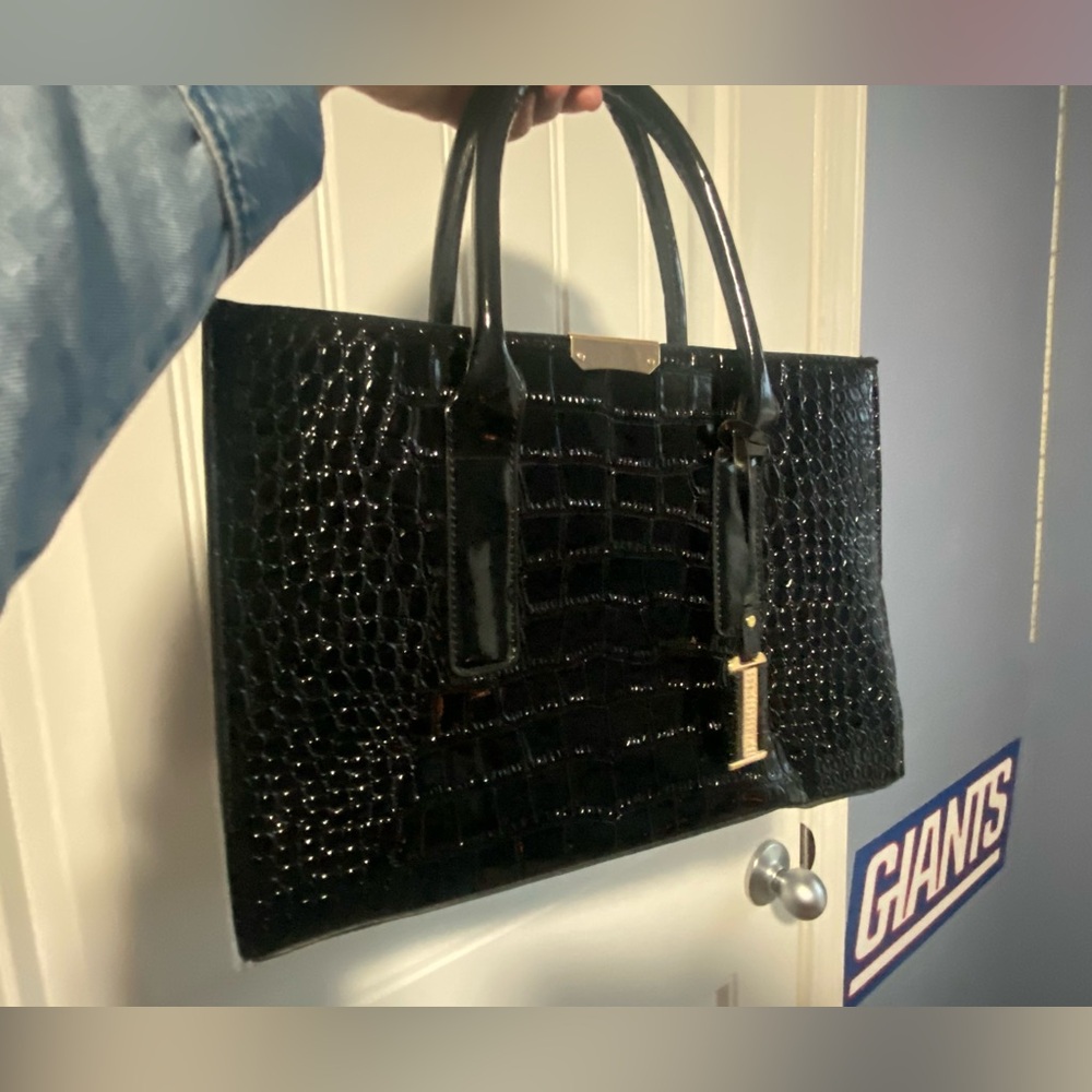 Crocodile Embossed Black Handbag with Gold Accents